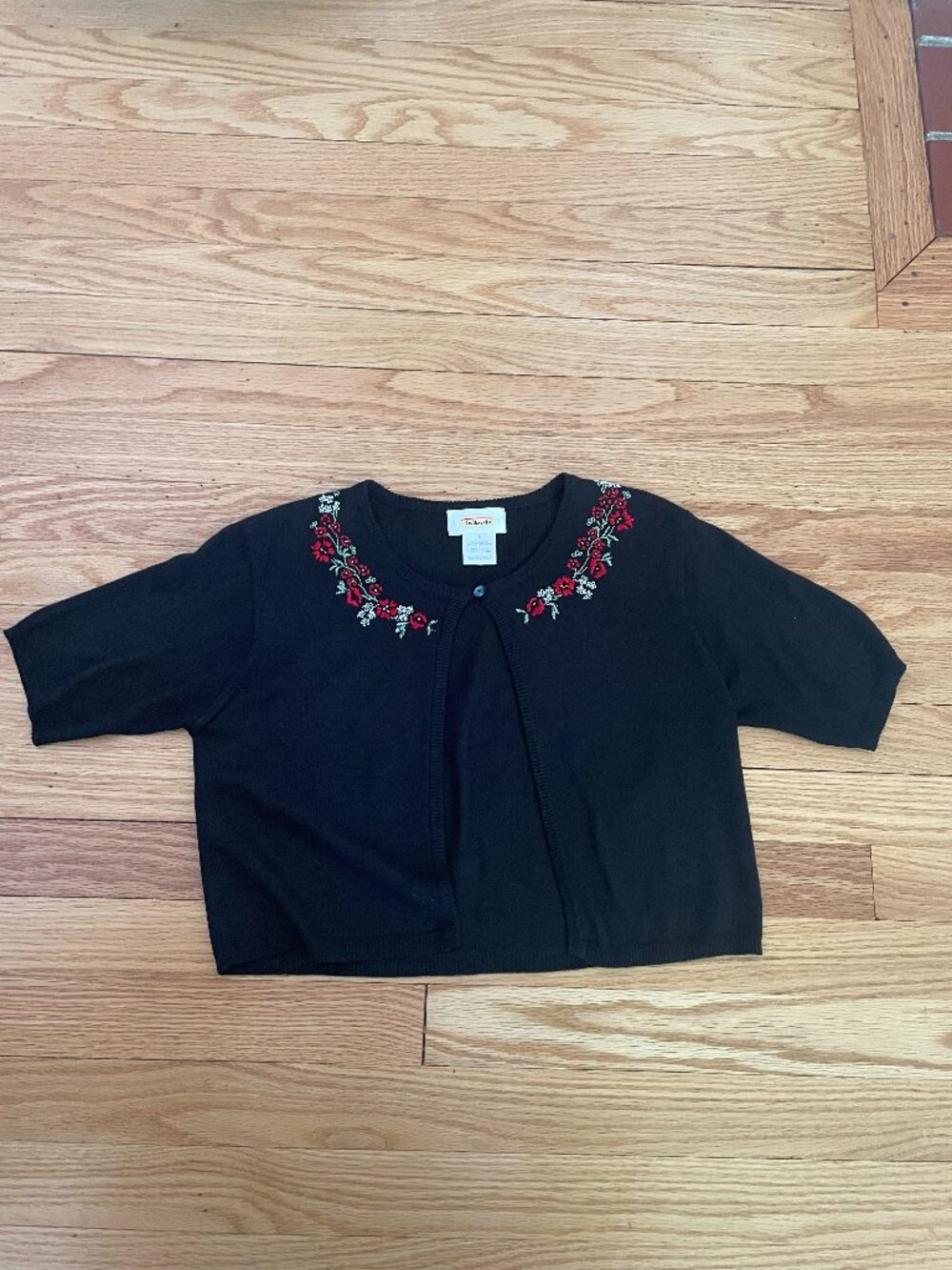 Talbot's Silk Mini Cardigan, Size 6, black with red floral embroidery